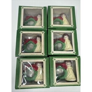 6 Vtg Jasco Lil Chimers Napkin Rings Bisque Porcelain Christmas Angel Wreath NEW